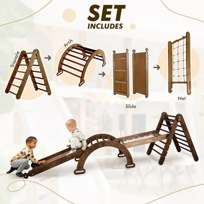 5in1 Montessori Klettergerüst Set - Kletterdreieck, Bogen mit Kissen, Netz & Rutsche (Schokolade)
