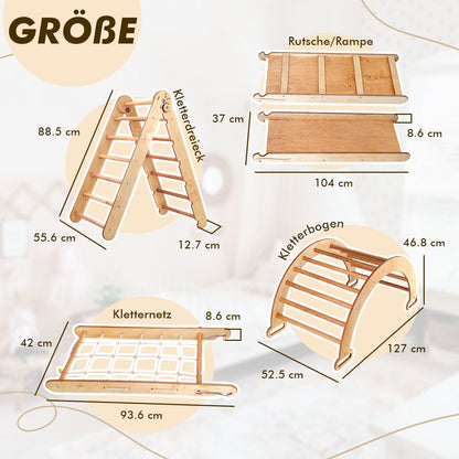 5in1 Montessori Klettergerüst Set - Kletterdreieck, Bogen mit Kissen, Netz & Rutsche (Schokolade)