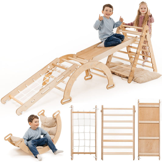 5in1 Montessori Klettergerüst Set - Kletterdreieck, Bogen mit Kissen, Netz & Rutsche (Beige)