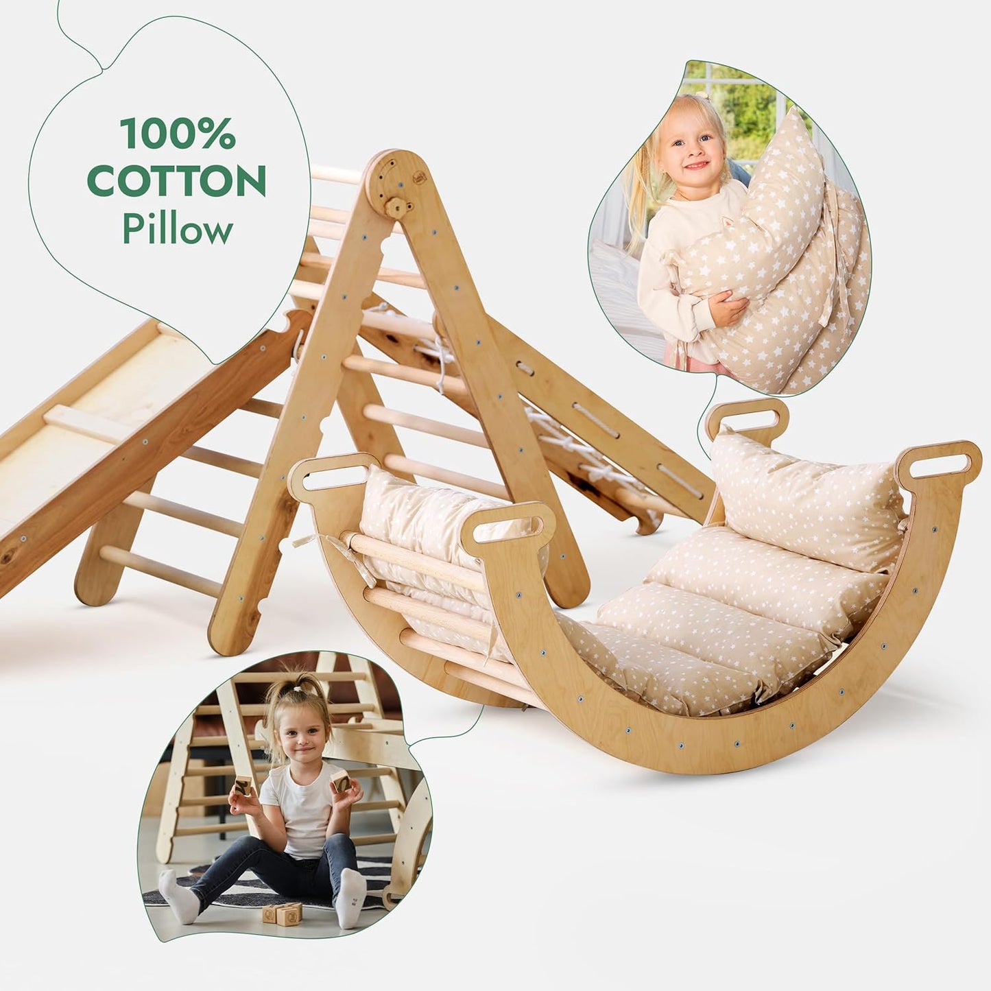 5in1 Montessori Klettergerüst Set - Kletterdreieck, Bogen mit Kissen, Netz & Rutsche (Beige)
