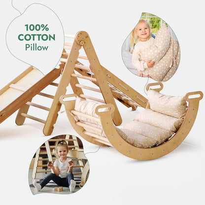 5in1 Montessori Klettergerüst Set - Kletterdreieck, Bogen mit Kissen, Netz & Rutsche (Beige)