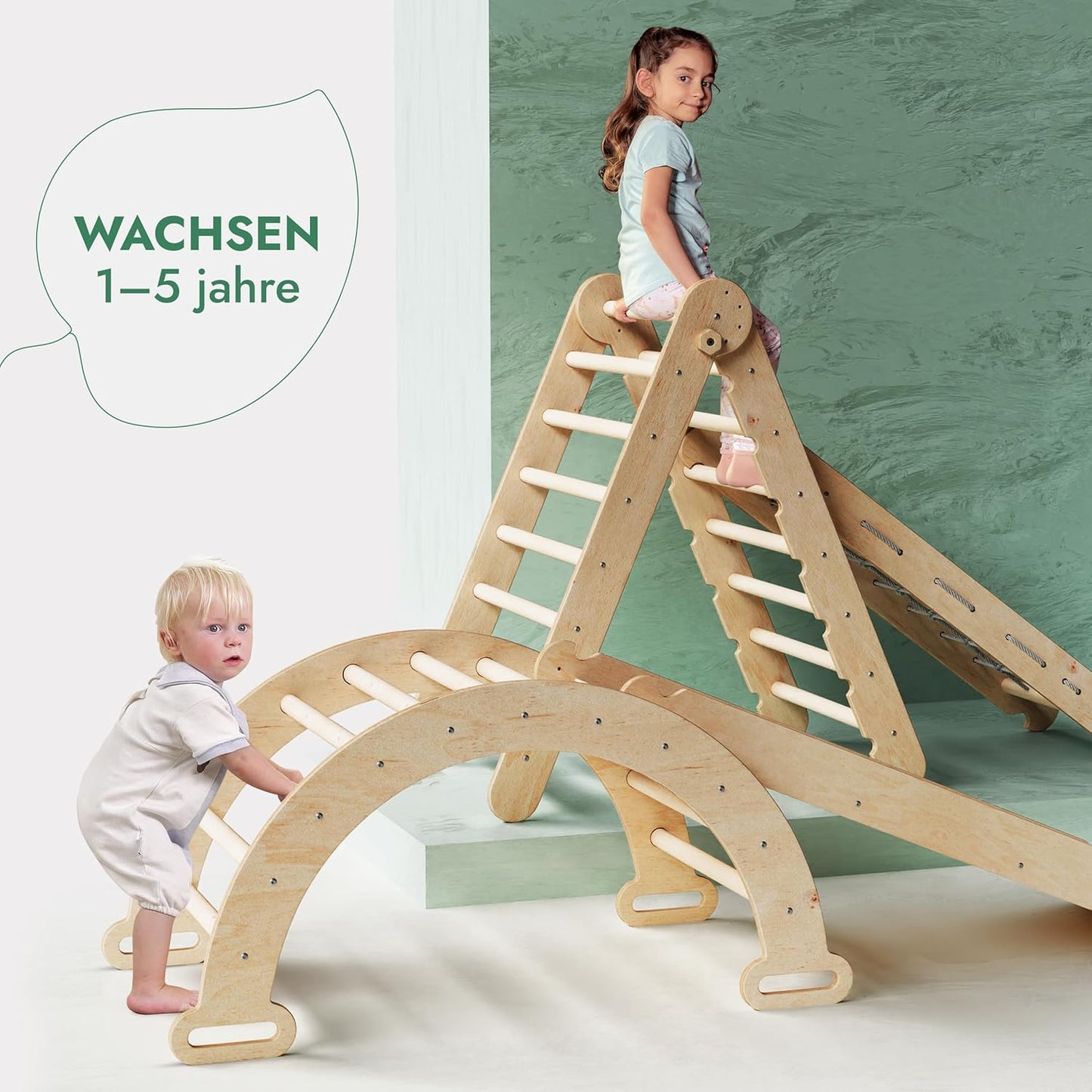 5in1 Montessori Klettergerüst Set - Kletterdreieck, Bogen mit Kissen, Netz & Rutsche (Beige)
