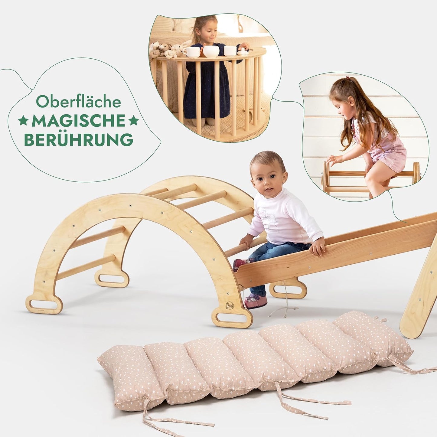 5in1 Montessori Klettergerüst Set - Kletterdreieck, Bogen mit Kissen, Netz & Rutsche (Beige)