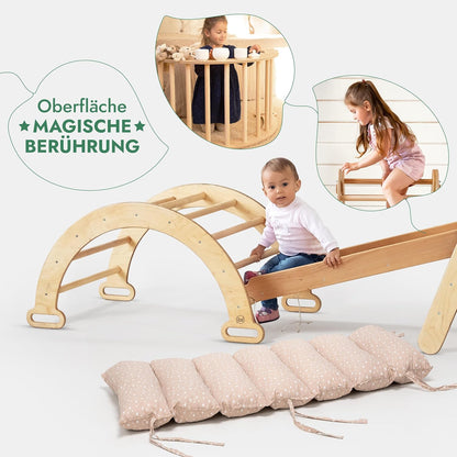 5in1 Montessori Klettergerüst Set - Kletterdreieck, Bogen mit Kissen, Netz & Rutsche (Beige)