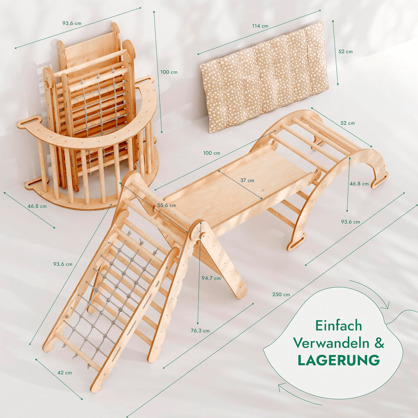 5in1 Montessori Klettergerüst Set - Kletterdreieck, Bogen mit Kissen, Netz & Rutsche (Beige)