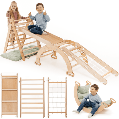 5in1 Montessori Klettergerüst Set - Kletterdreieck, Bogen mit Kissen, Netz & Rutsche (Beige)