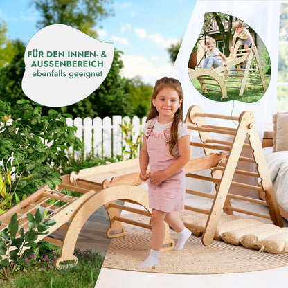 5in1 Montessori Klettergerüst Set - Kletterdreieck, Bogen mit Kissen, Netz & Rutsche (Beige)