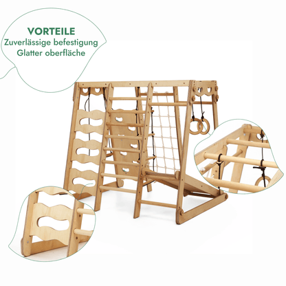 6in1 Indoor Spielplatz Holz - Faltbares Klettergerüst mit Rutsche & Schaukel