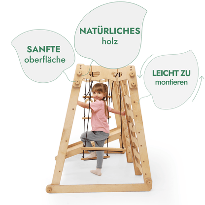6in1 Indoor Spielplatz Holz - Faltbares Klettergerüst mit Rutsche & Schaukel