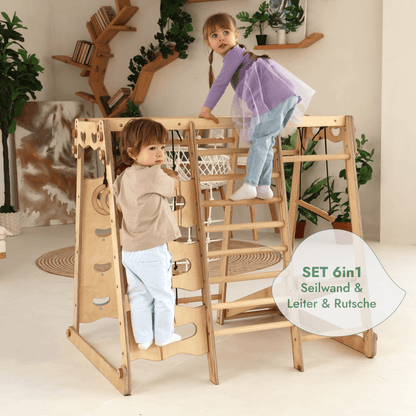 6in1 Indoor Spielplatz Holz - Faltbares Klettergerüst mit Rutsche & Schaukel