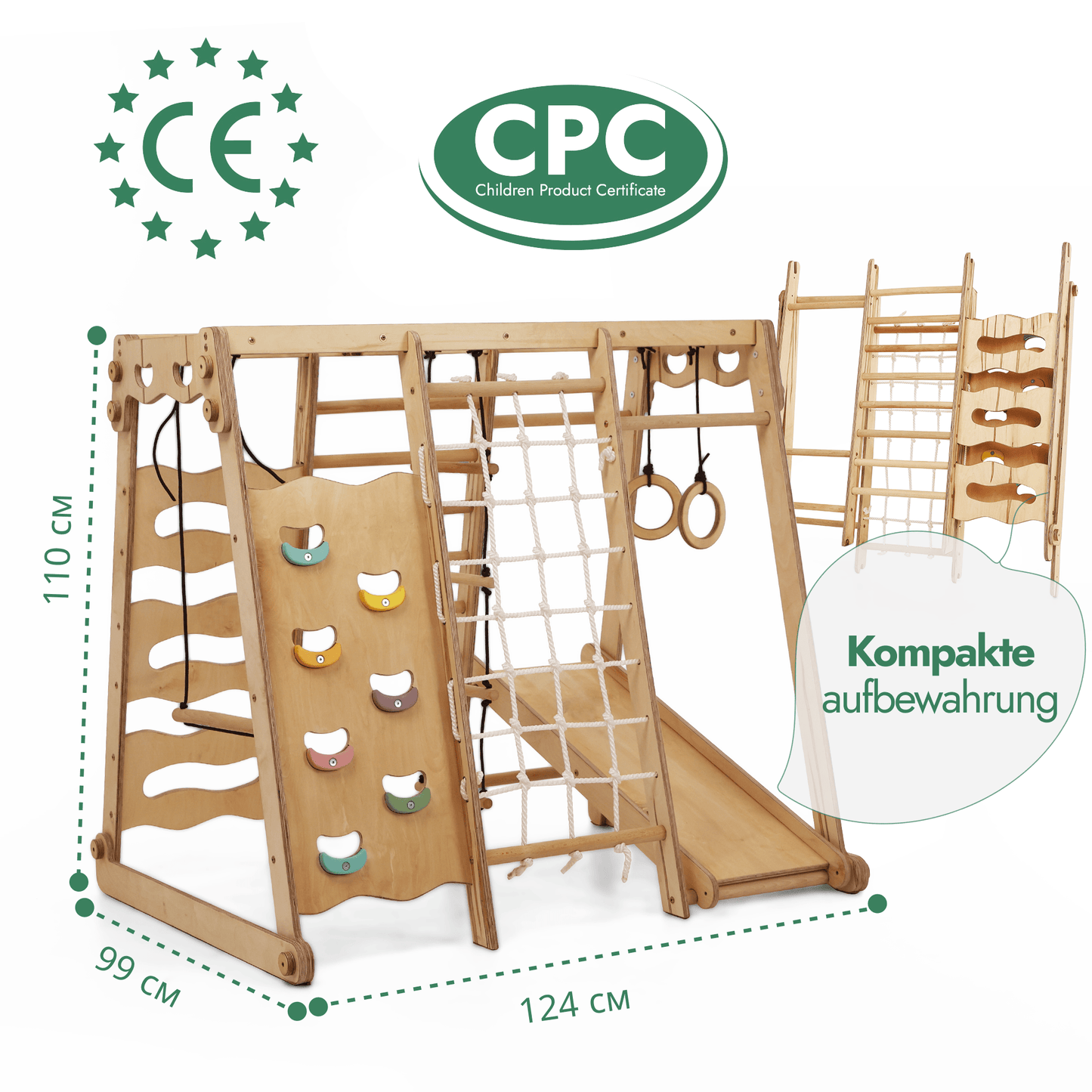 6in1 Indoor Spielplatz Holz - Faltbares Klettergerüst mit Rutsche & Schaukel