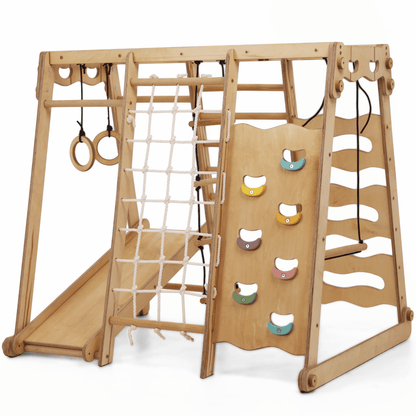 6in1 Indoor Spielplatz Holz - Faltbares Klettergerüst mit Rutsche & Schaukel