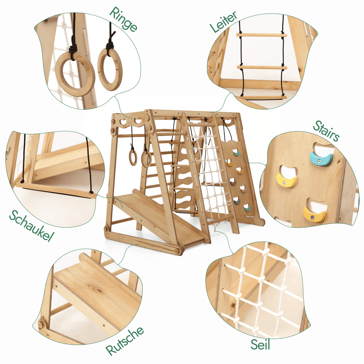 6in1 Indoor Spielplatz Holz - Faltbares Klettergerüst mit Rutsche & Schaukel