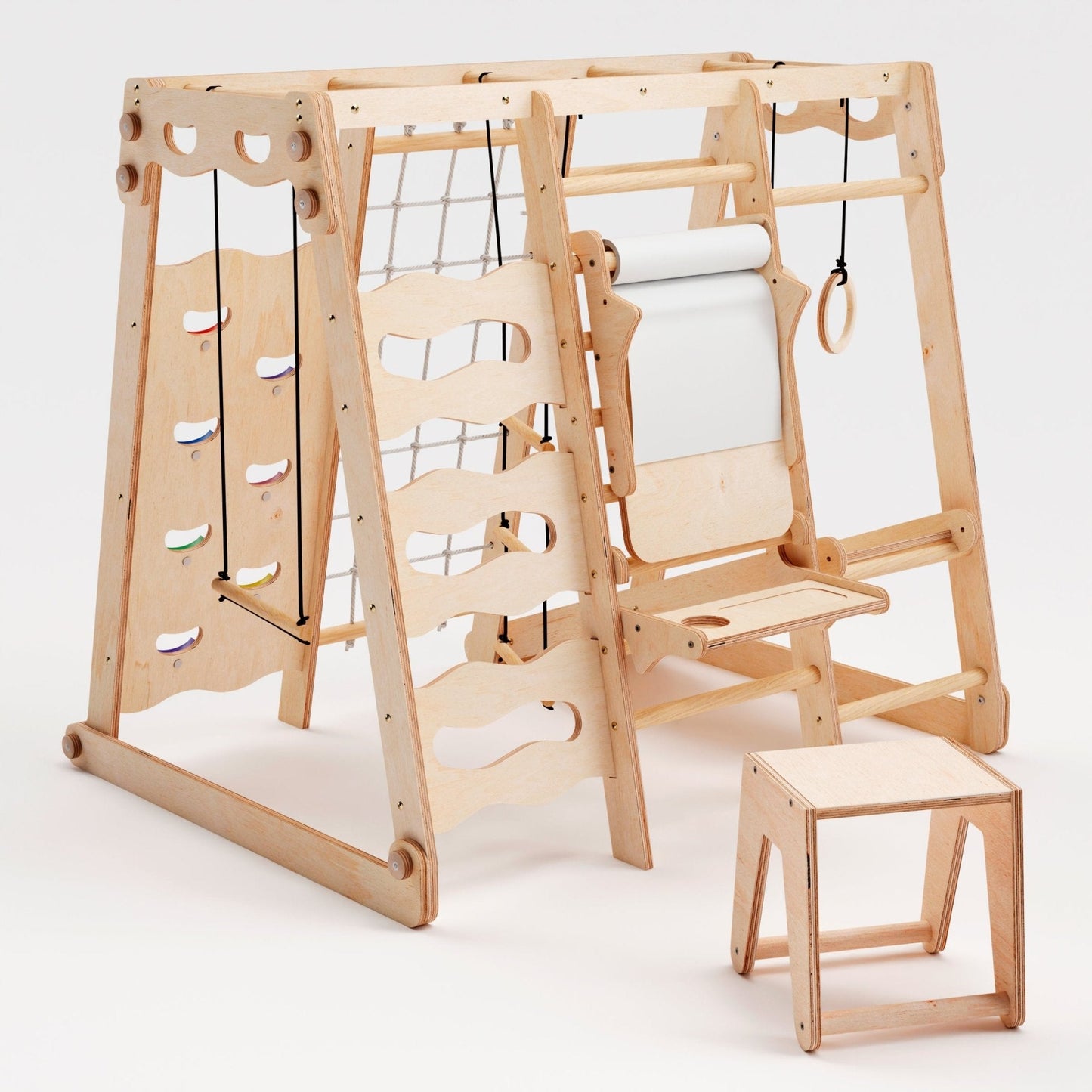 6in1 Indoor Spielplatz Holz - Faltbares Klettergerüst mit Rutsche & Schaukel