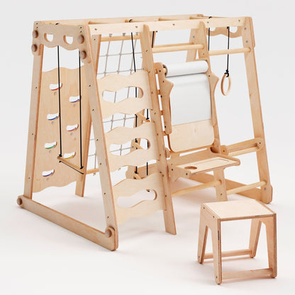 6in1 Indoor Spielplatz Holz - Faltbares Klettergerüst mit Rutsche & Schaukel