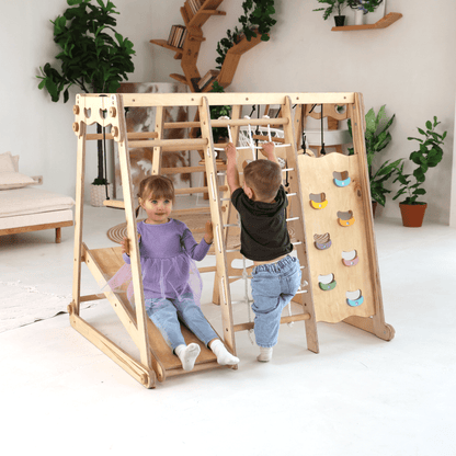 6in1 Indoor Spielplatz Holz - Faltbares Klettergerüst mit Rutsche & Schaukel