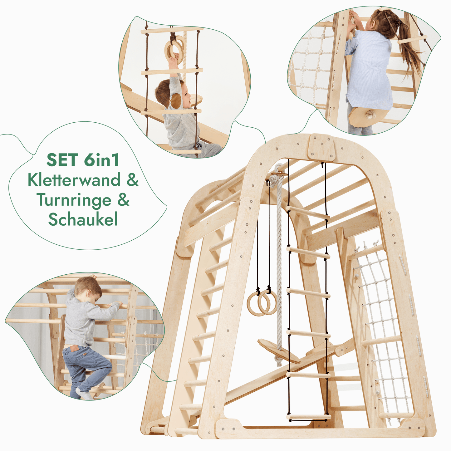 6in1 Indoor Spielplatz Holz - Klettergerüst mit Rutsche, Netz & Turn-Set (Beige)