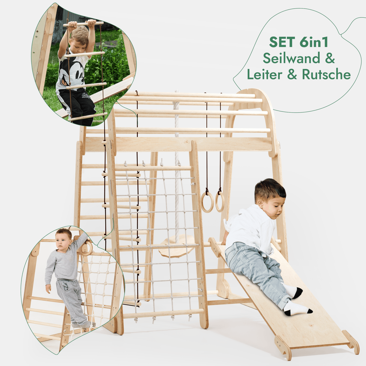 6in1 Indoor Spielplatz Holz - Klettergerüst mit Rutsche, Netz & Turn-Set (Beige)