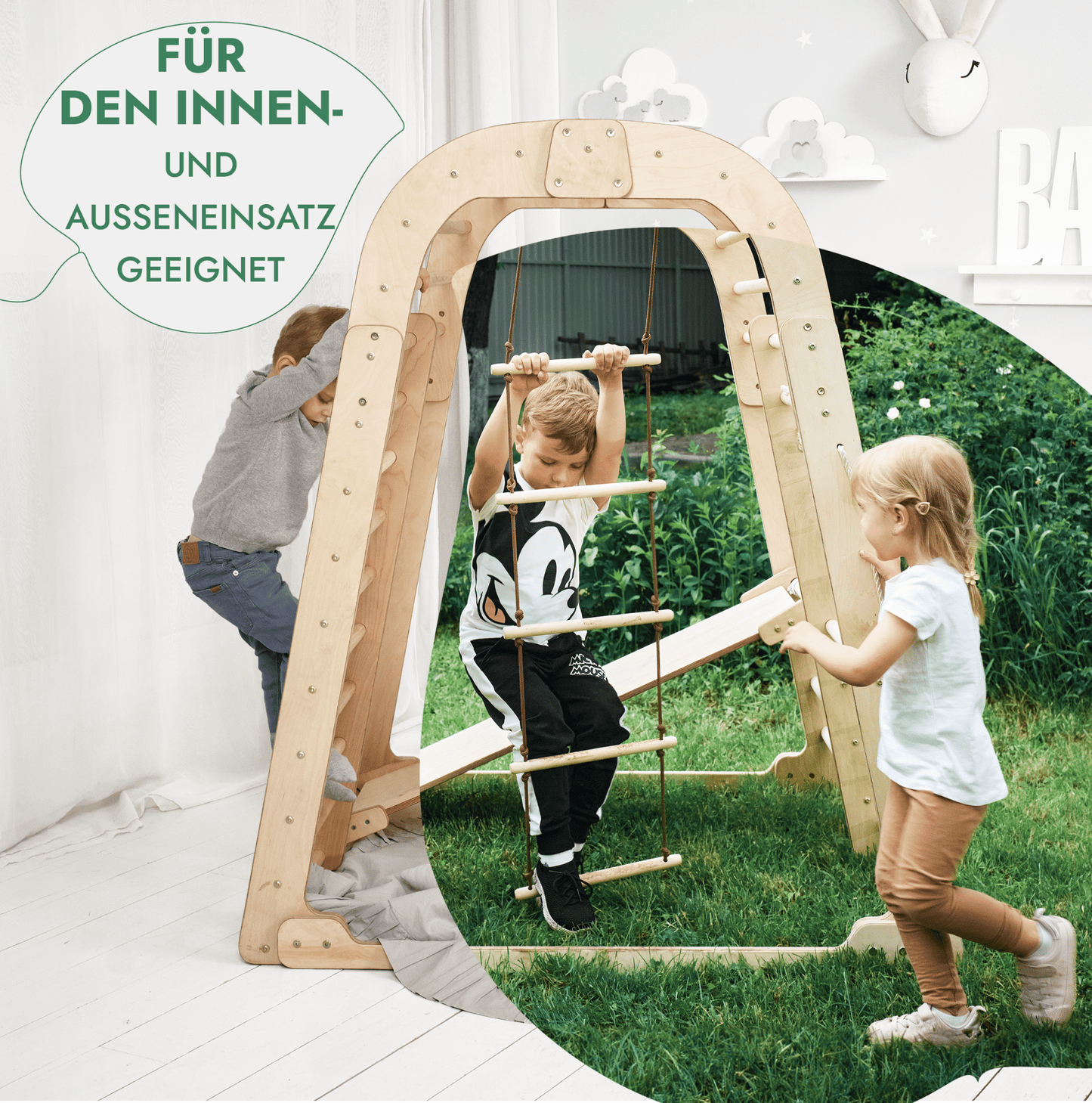 6in1 Indoor Spielplatz Holz - Klettergerüst mit Rutsche, Netz & Turn-Set (Beige)