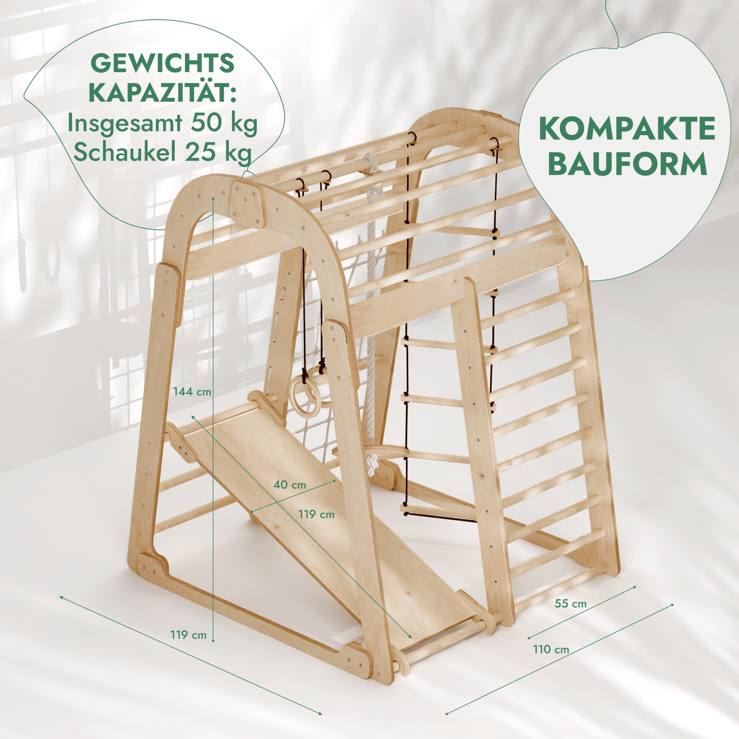 6in1 Indoor Spielplatz Holz - Klettergerüst mit Rutsche, Netz & Turn-Set (Beige)