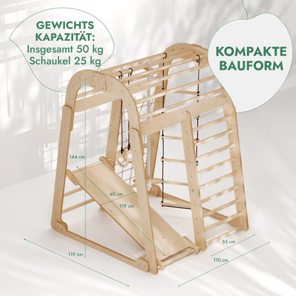 6in1 Indoor Spielplatz Holz - Klettergerüst mit Rutsche, Netz & Turn-Set (Beige)