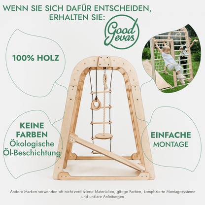 6in1 Indoor Spielplatz Holz - Klettergerüst mit Rutsche, Netz & Turn-Set (Beige)