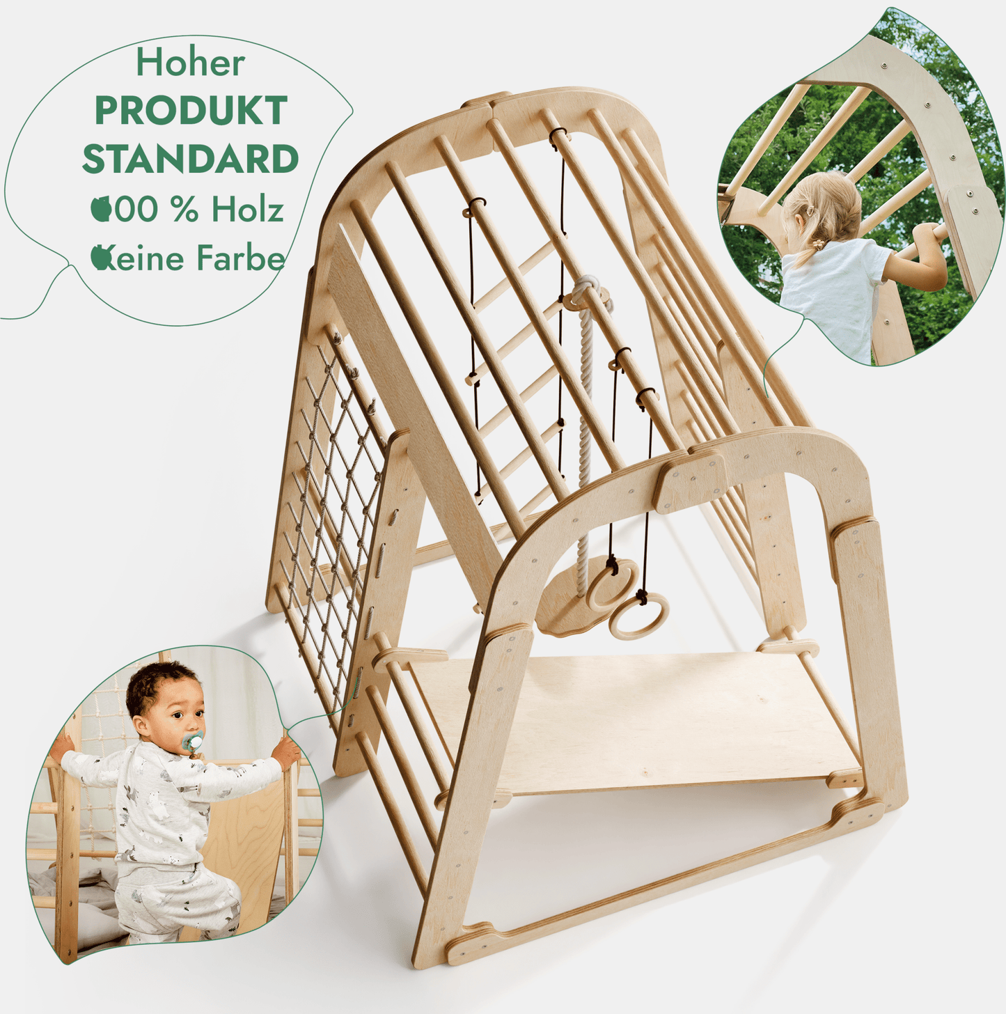 6in1 Indoor Spielplatz Holz - Klettergerüst mit Rutsche, Netz & Turn-Set (Beige)