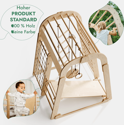 6in1 Indoor Spielplatz Holz - Klettergerüst mit Rutsche, Netz & Turn-Set (Beige)