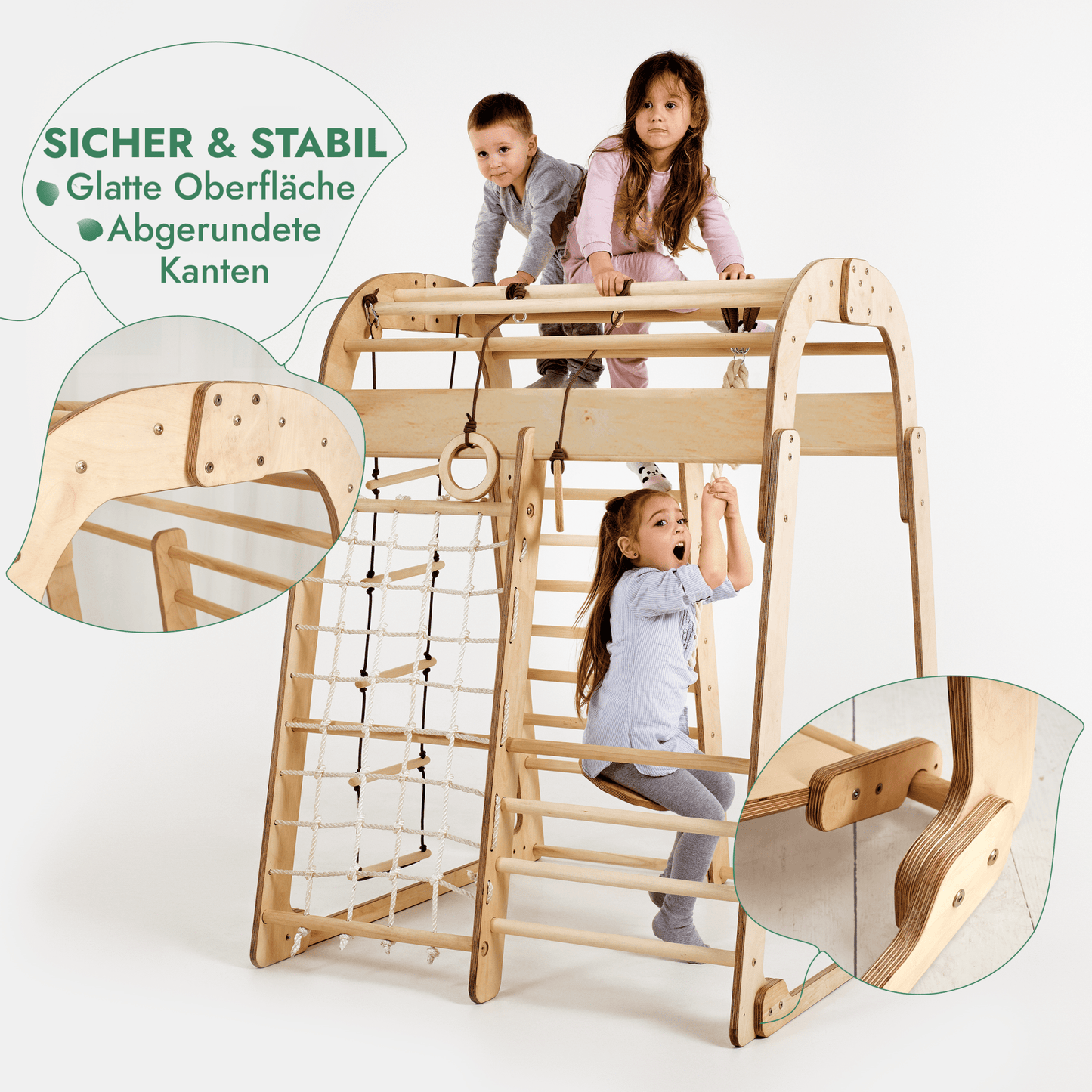 6in1 Indoor Spielplatz Holz - Klettergerüst mit Rutsche, Netz & Turn-Set (Beige)