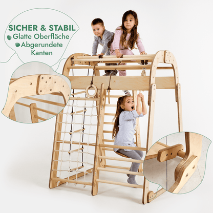6in1 Indoor Spielplatz Holz - Klettergerüst mit Rutsche, Netz & Turn-Set (Beige)