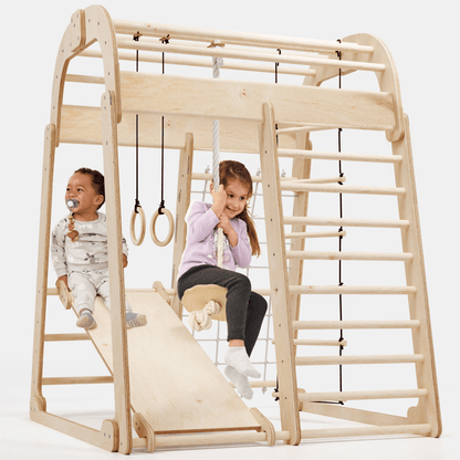 6in1 Indoor Spielplatz Holz - Klettergerüst mit Rutsche, Netz & Turn-Set (Beige)