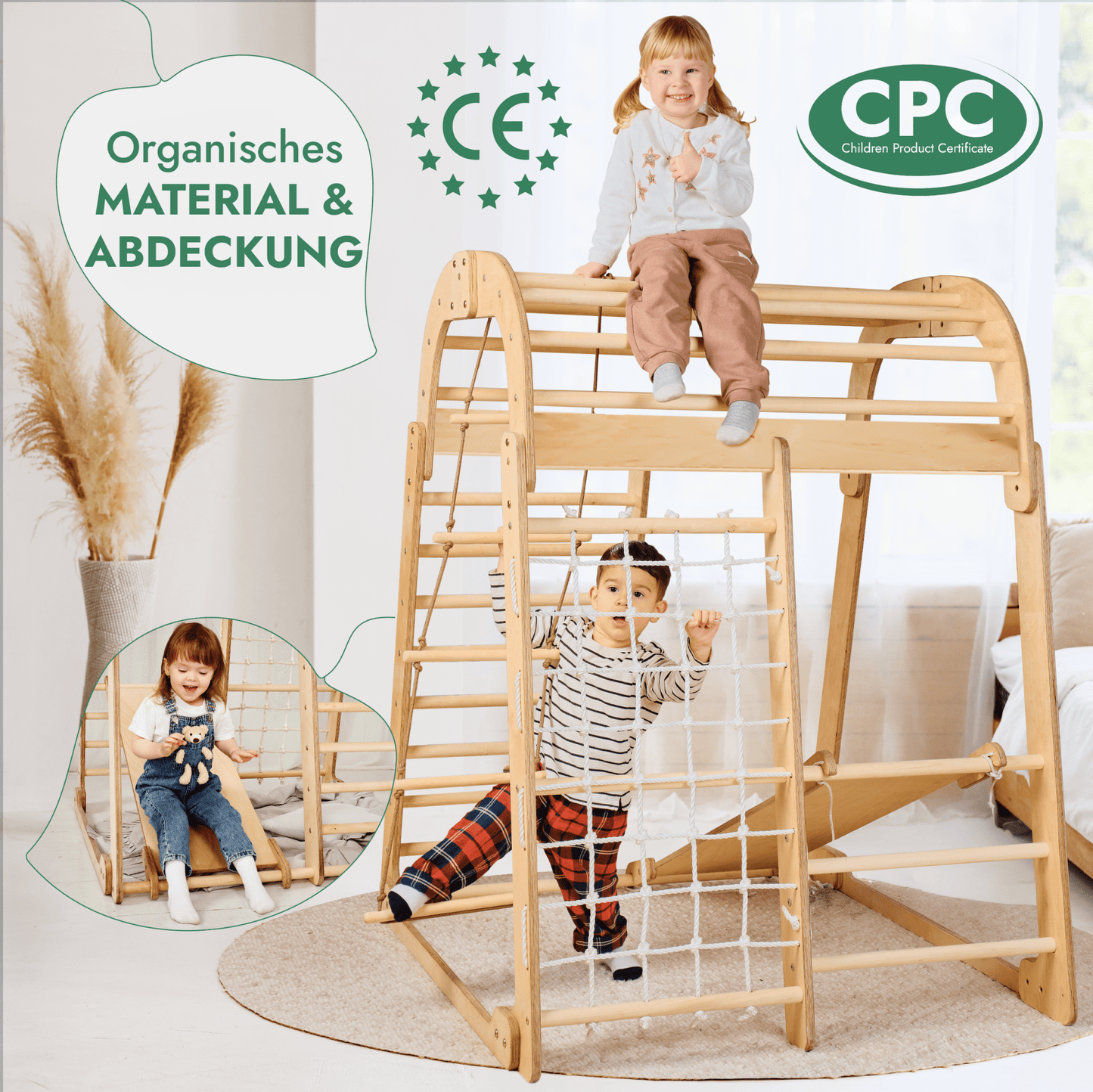 6in1 Indoor Spielplatz Holz - Klettergerüst mit Rutsche, Netz & Turn-Set (Beige)
