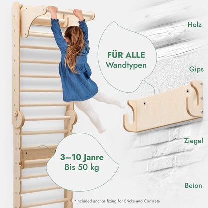 6in1 Kletterwand Indoor - Sprossenwand mit Rutsche & Turnset aus Holz