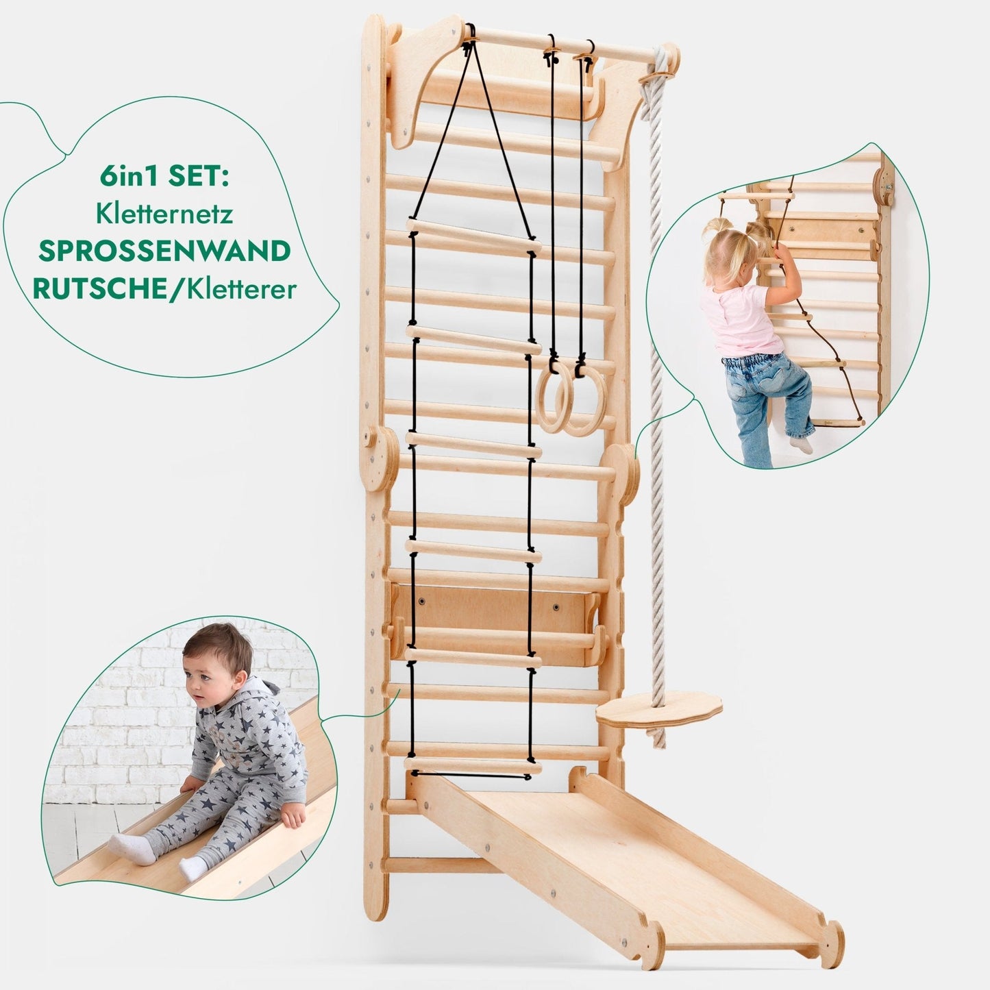 6in1 Kletterwand Indoor - Sprossenwand mit Rutsche & Turnset aus Holz