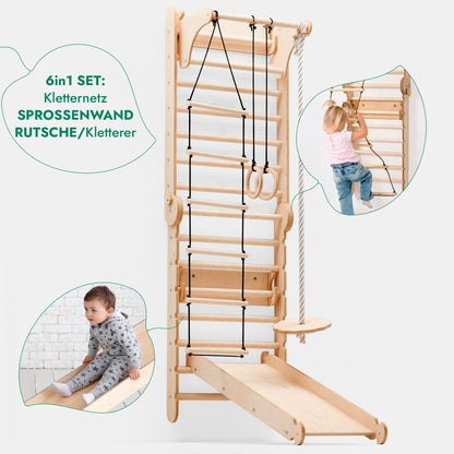 6in1 Kletterwand Indoor - Sprossenwand mit Rutsche & Turnset aus Holz