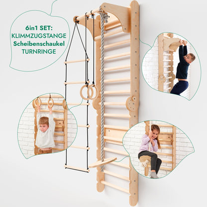 6in1 Kletterwand Indoor - Sprossenwand mit Rutsche & Turnset aus Holz