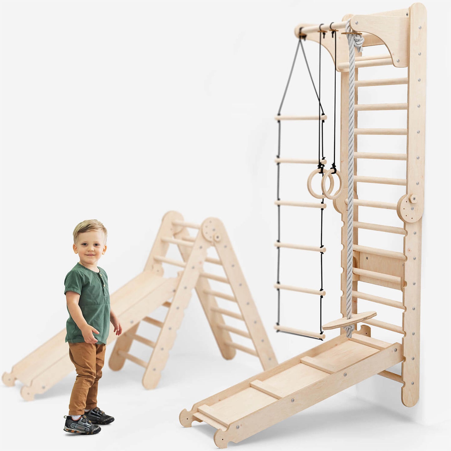 6in1 Kletterwand Indoor - Sprossenwand mit Rutsche & Turnset aus Holz