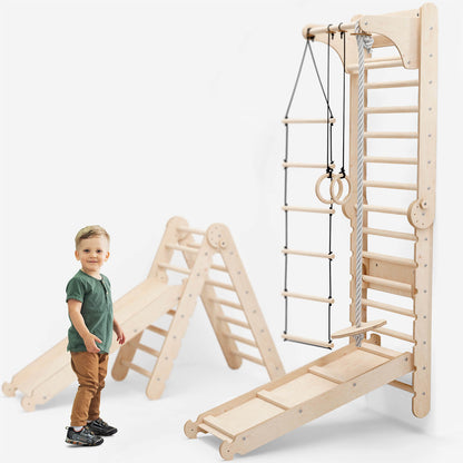 6in1 Kletterwand Indoor - Sprossenwand mit Rutsche & Turnset aus Holz