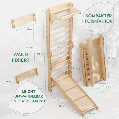 6in1 Kletterwand Indoor - Sprossenwand mit Rutsche & Turnset aus Holz
