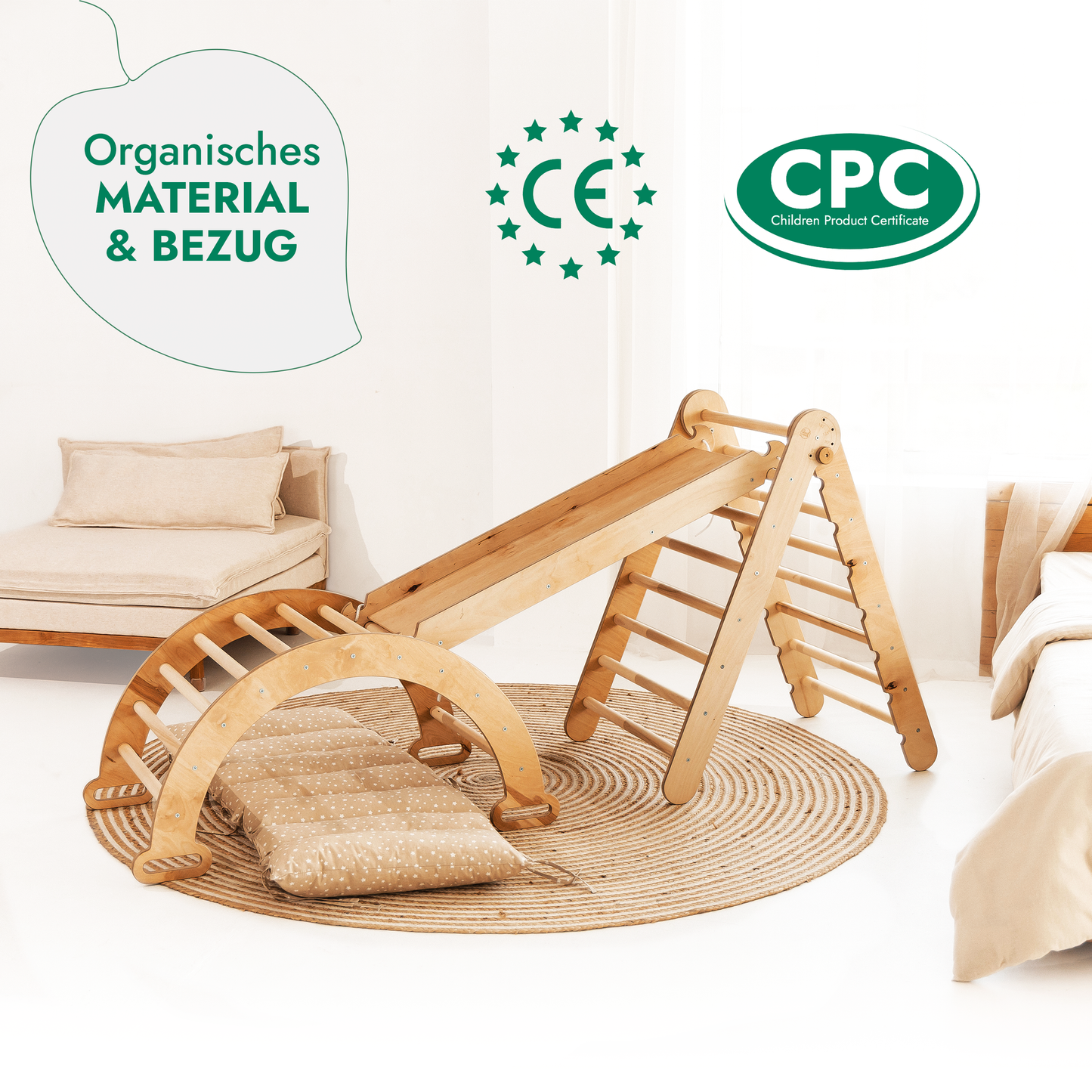 4in1 Montessori Klettergerüst Set - Kletterdreieck, Bogen mit Kissen & Rutsche (Beige)