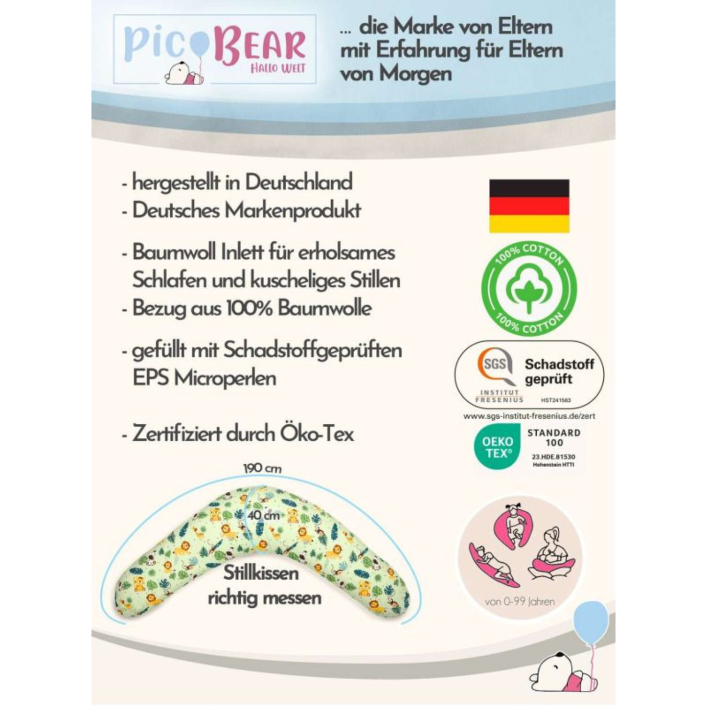 pic Bear XL Stillkissen 170–194 cm – Schwangerschafts- & Stillkissen – EPS-Mikroperlen – Baumwollbezug