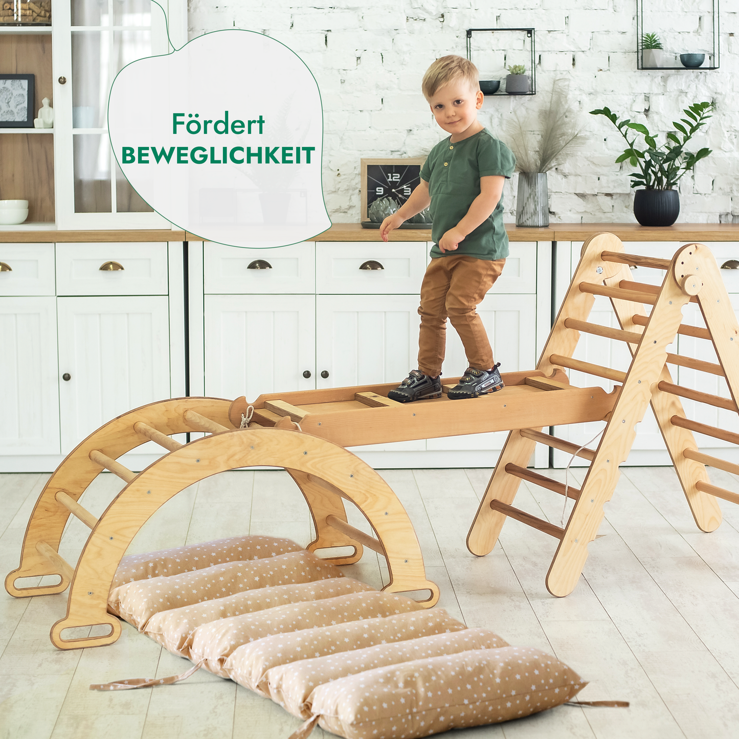 4in1 Montessori Klettergerüst Set - Kletterdreieck, Bogen mit Kissen & Rutsche (Beige)