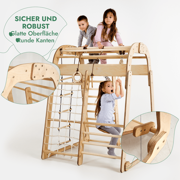 8in1 Indoor Spielplatz Holz - Klettergerüst mit Rutsche & Maltafel im Montessori-Stil (Beige)