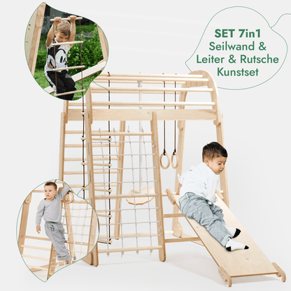 8in1 Indoor Spielplatz Holz - Klettergerüst mit Rutsche & Maltafel im Montessori-Stil (Beige)