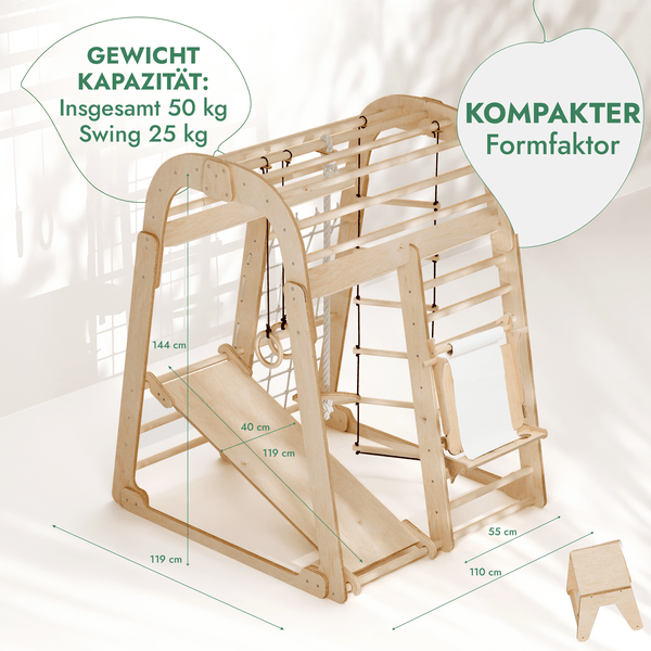 8in1 Indoor Spielplatz Holz - Klettergerüst mit Rutsche & Maltafel im Montessori-Stil (Beige)