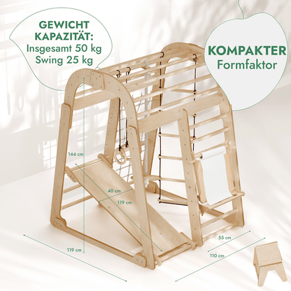 8in1 Indoor Spielplatz Holz - Klettergerüst mit Rutsche & Maltafel im Montessori-Stil (Beige)