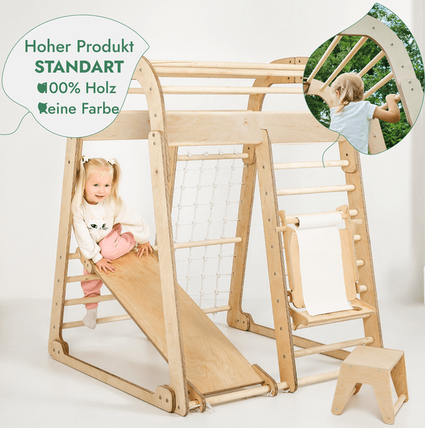8in1 Indoor Spielplatz Holz - Klettergerüst mit Rutsche & Maltafel im Montessori-Stil (Beige)