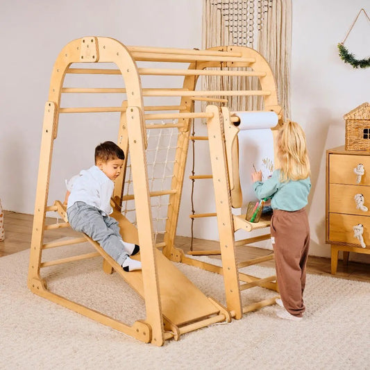 8in1 Indoor Spielplatz Holz - Klettergerüst mit Rutsche & Maltafel im Montessori-Stil (Beige)