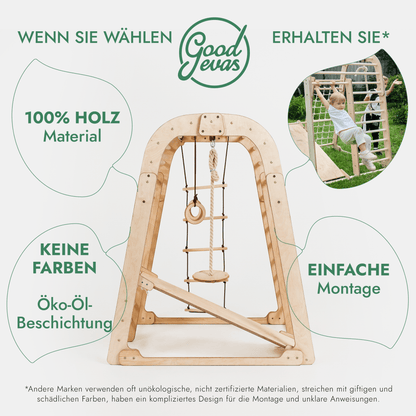8in1 Indoor Spielplatz Holz - Klettergerüst mit Rutsche & Maltafel im Montessori-Stil (Beige)