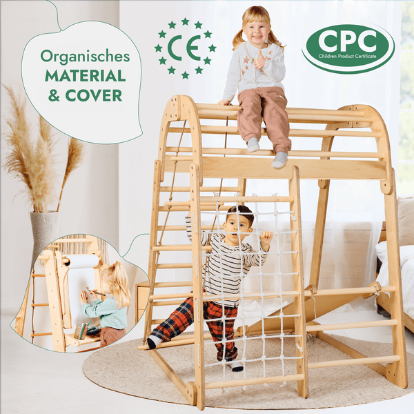 8in1 Indoor Spielplatz Holz - Klettergerüst mit Rutsche & Maltafel im Montessori-Stil (Beige)